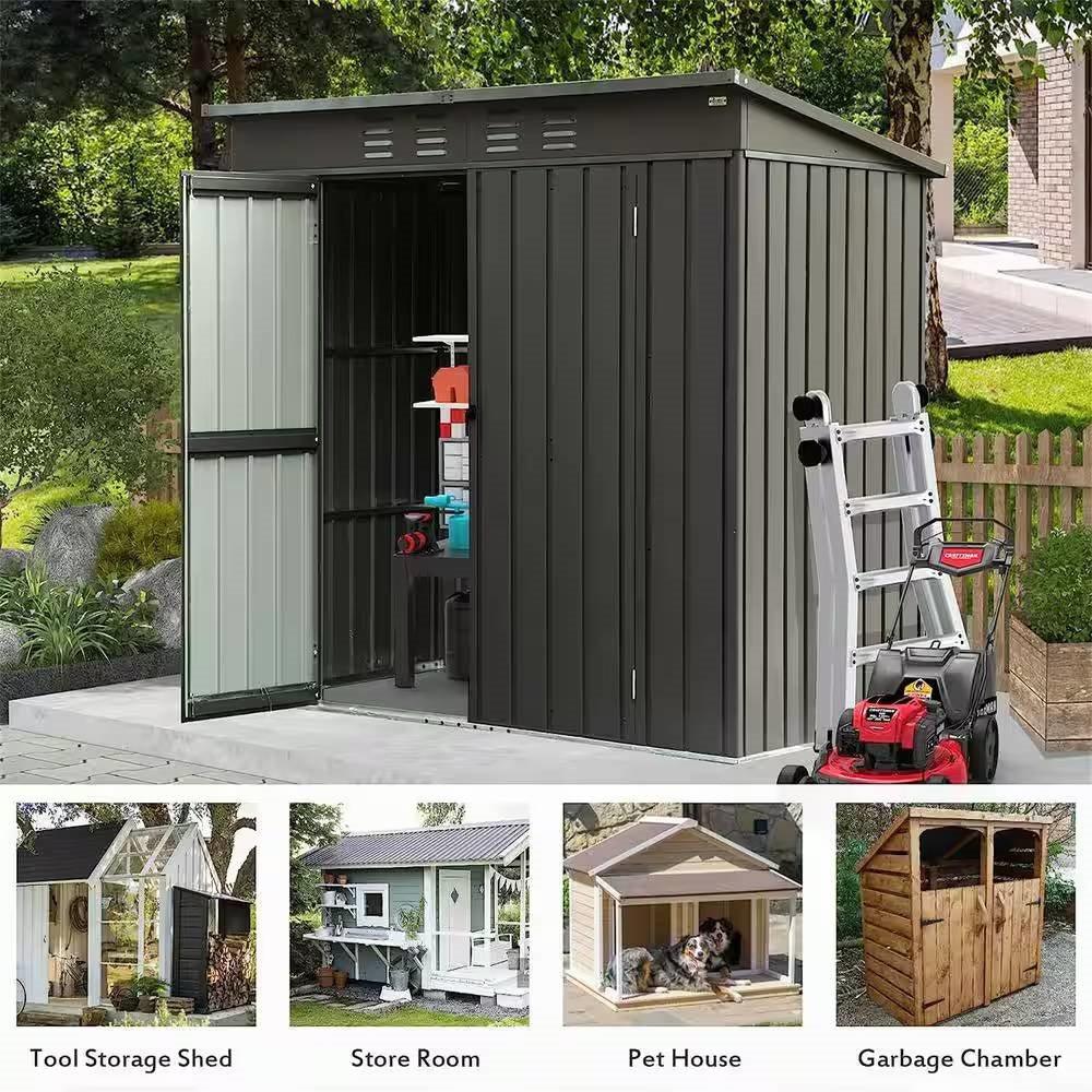 Outdoor Black Galvanized Steel Metal Storage Shed - 6ft. x 4 ft. - PRHOMZ