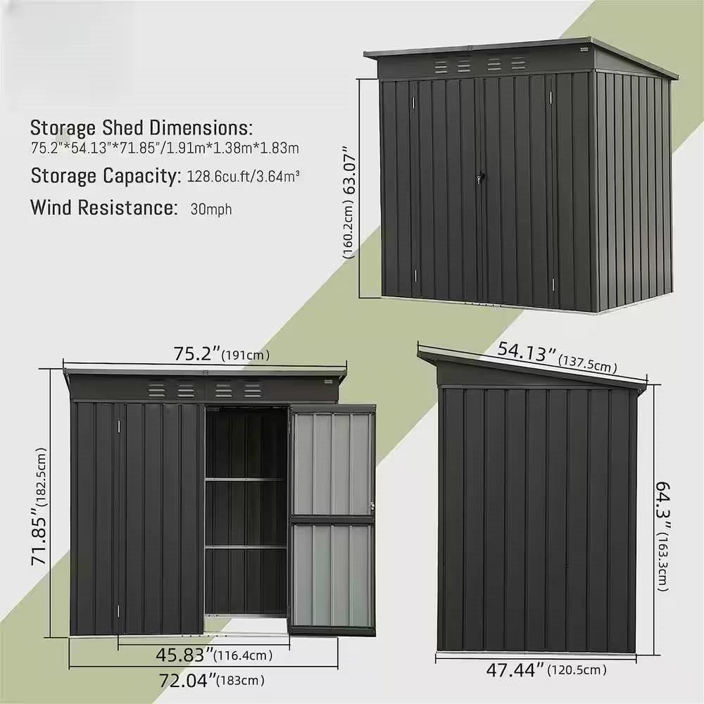 Outdoor Black Galvanized Steel Metal Storage Shed - 6ft. x 4 ft. - PRHOMZ