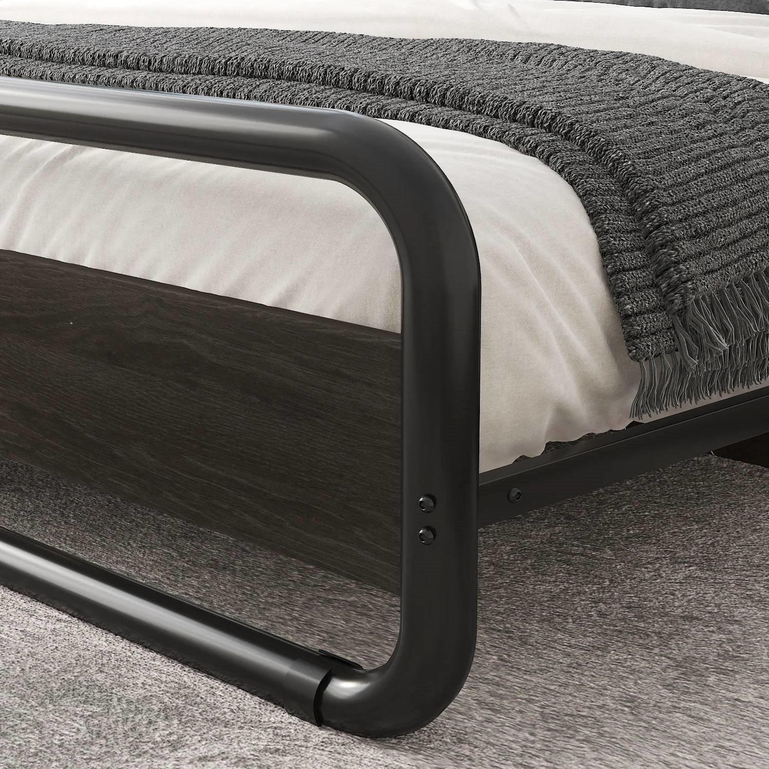Full Heavy Duty Round Metal Frame Platform Bed with Black Wood Panel Headboard - PRHOMZ