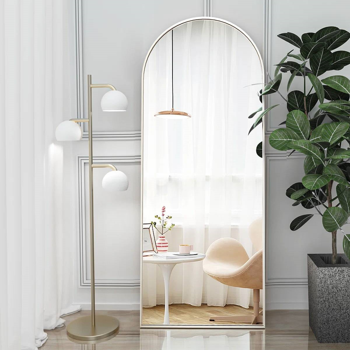 Silver 64-inch Arched Floor Mirror with Stand and Wall Hanging Screws-0
