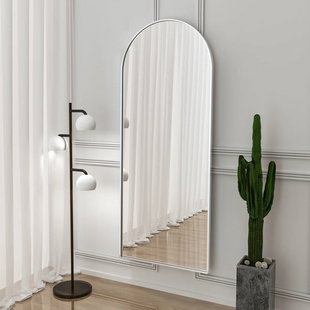 Silver 64-inch Arched Floor Mirror with Stand and Wall Hanging Screws-1