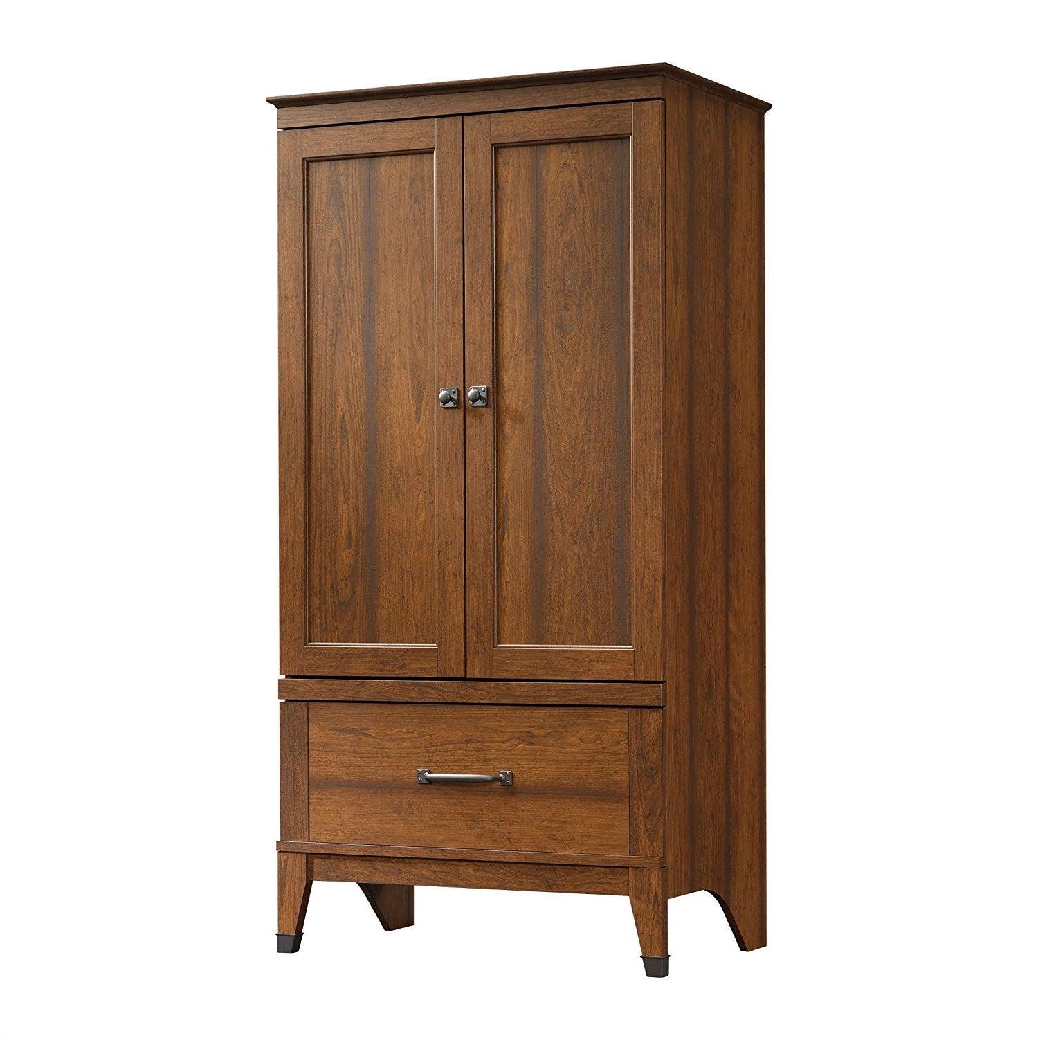 Bedroom Wardrobe Cabinet Storage Armoire in Medium Brown Cherry Wood Finish - PRHOMZ