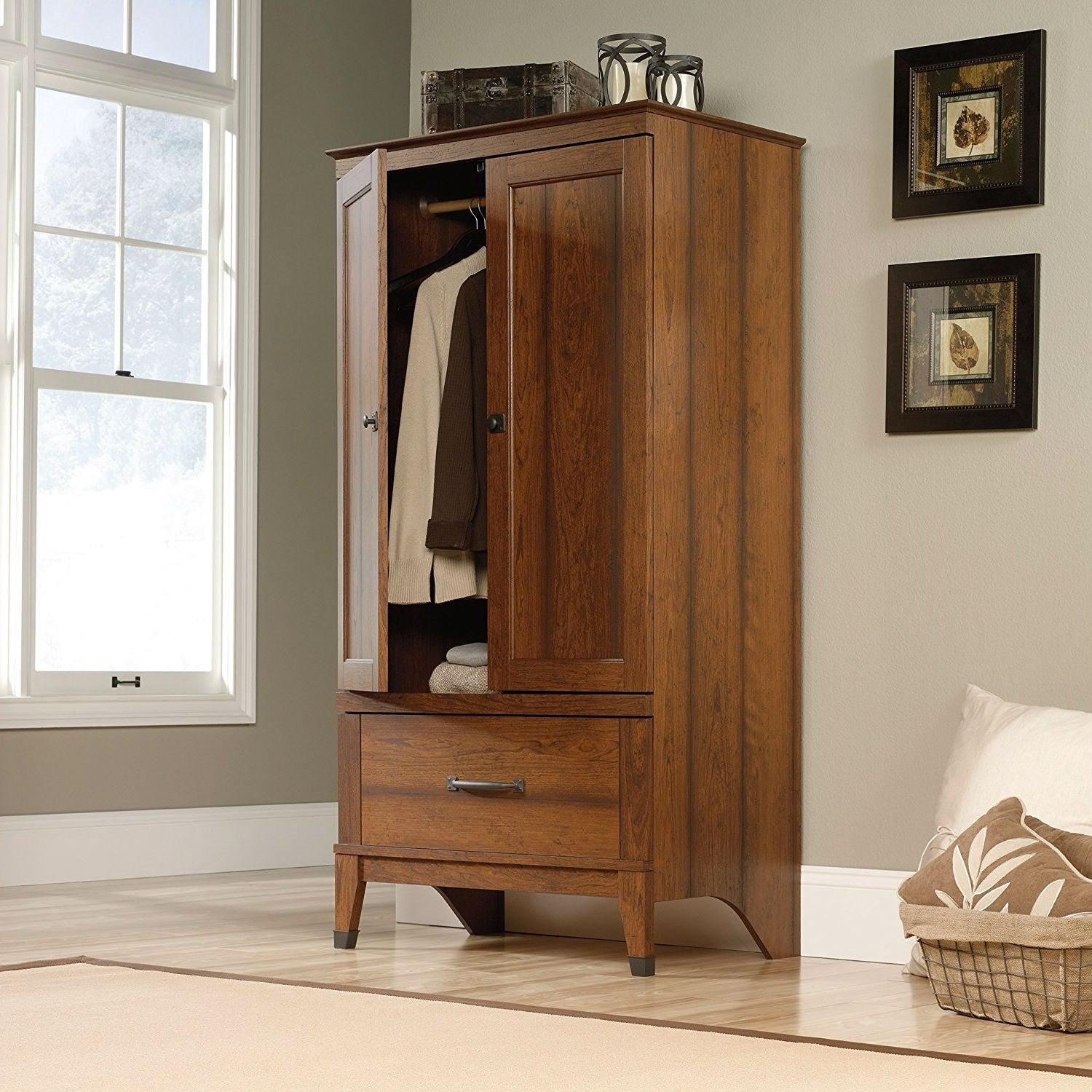 Bedroom Wardrobe Cabinet Storage Armoire in Medium Brown Cherry Wood Finish - PRHOMZ