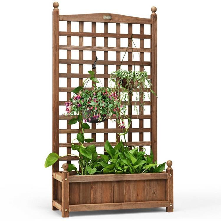 Solid Wood Farmhouse Garden Planter Box with 48-inch High Trellis - PRHOMZ