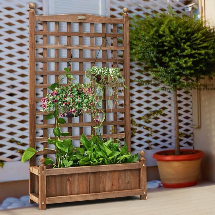 Solid Wood Farmhouse Garden Planter Box with 48-inch High Trellis - PRHOMZ