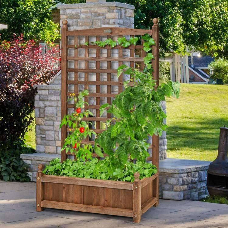 Solid Wood Farmhouse Garden Planter Box with 48-inch High Trellis - PRHOMZ
