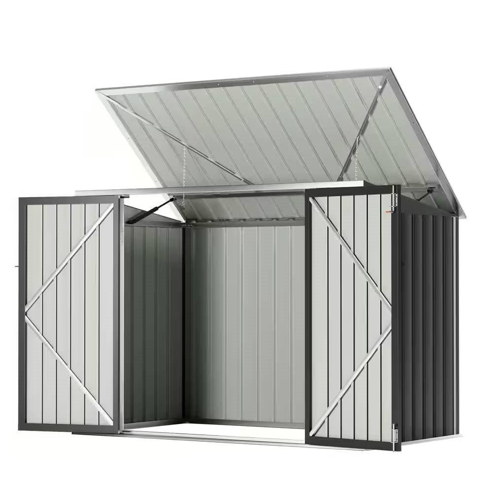 Outdoor Black Galvanized Steel Trash Can Storage Shed - Holds 2 Garbage Bins - PRHOMZ