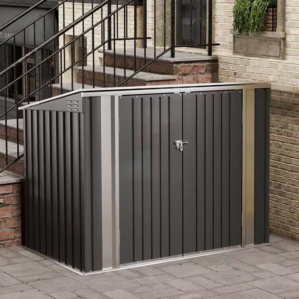 Outdoor Black Galvanized Steel Trash Can Storage Shed - Holds 2 Garbage Bins - PRHOMZ