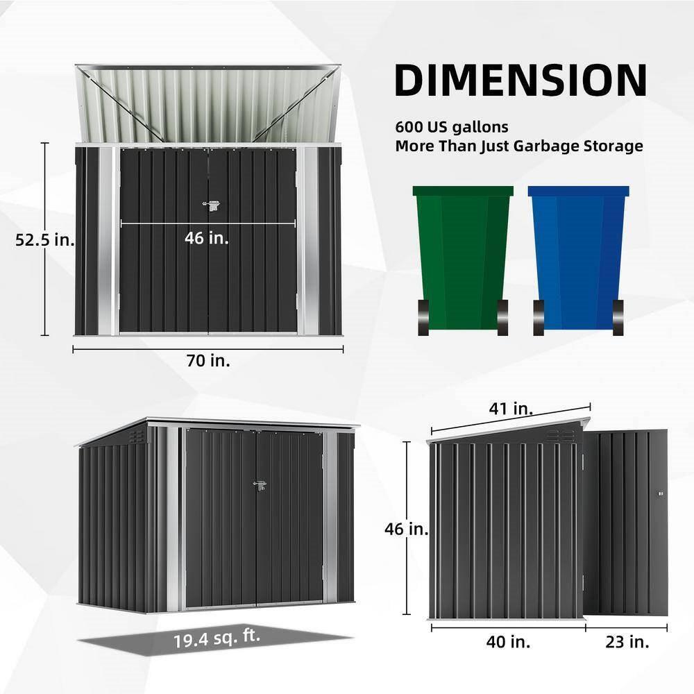 Outdoor Black Galvanized Steel Trash Can Storage Shed - Holds 2 Garbage Bins - PRHOMZ