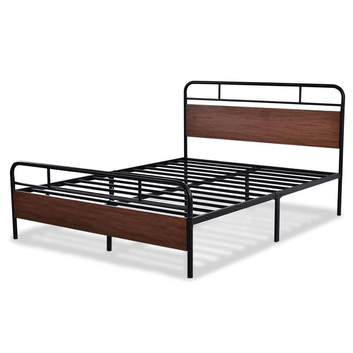 Queen Size Industrial Metal Wood Platform Bed Frame with Headboard and Footboard - PRHOMZ