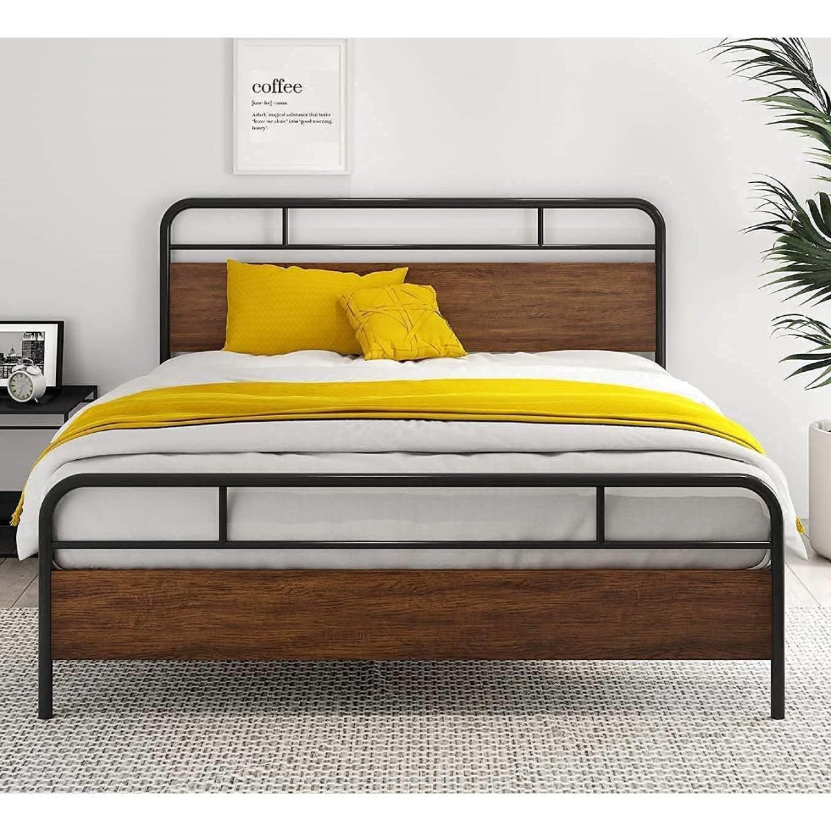 Queen Size Industrial Metal Wood Platform Bed Frame with Headboard and Footboard - PRHOMZ