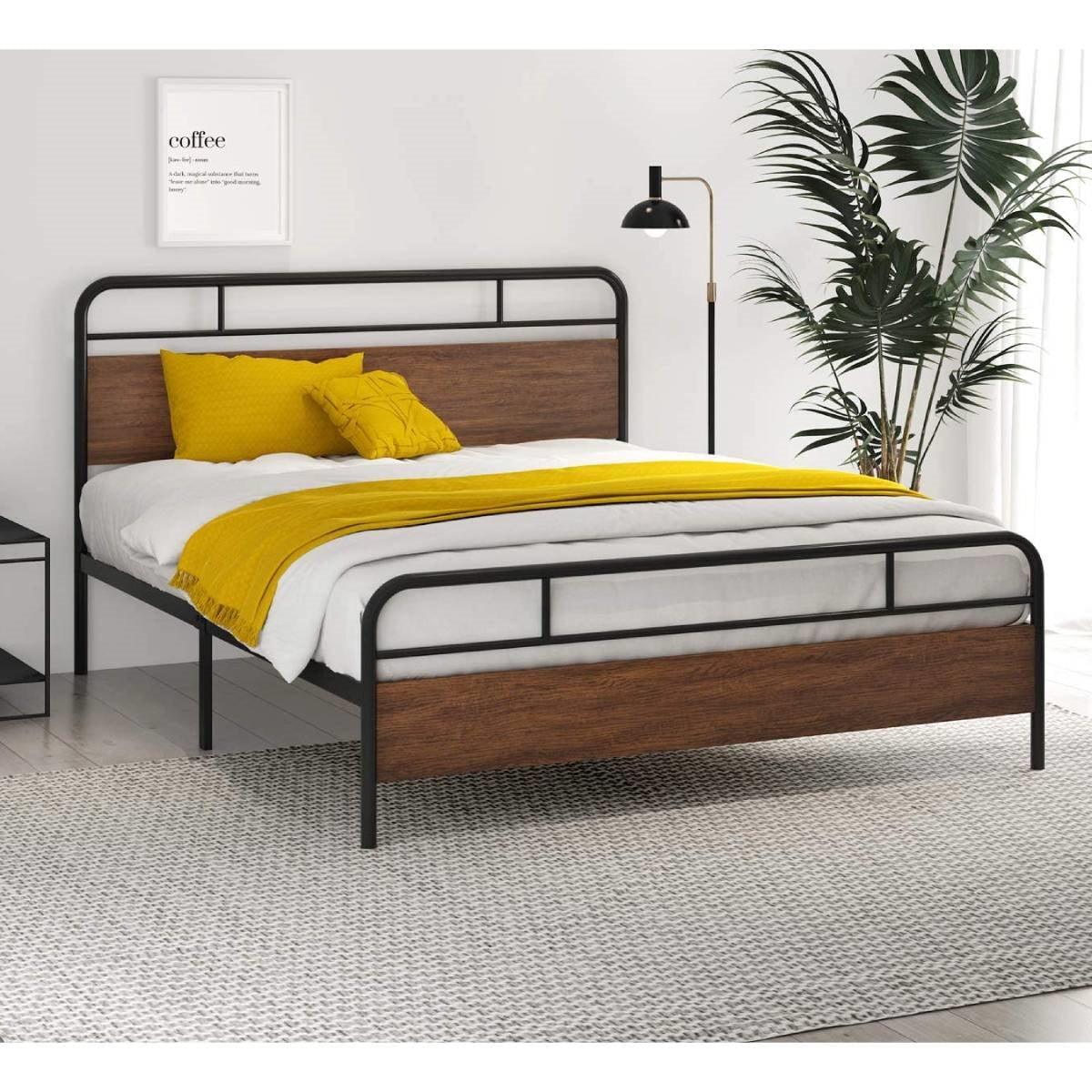 Queen Size Industrial Metal Wood Platform Bed Frame with Headboard and Footboard - PRHOMZ