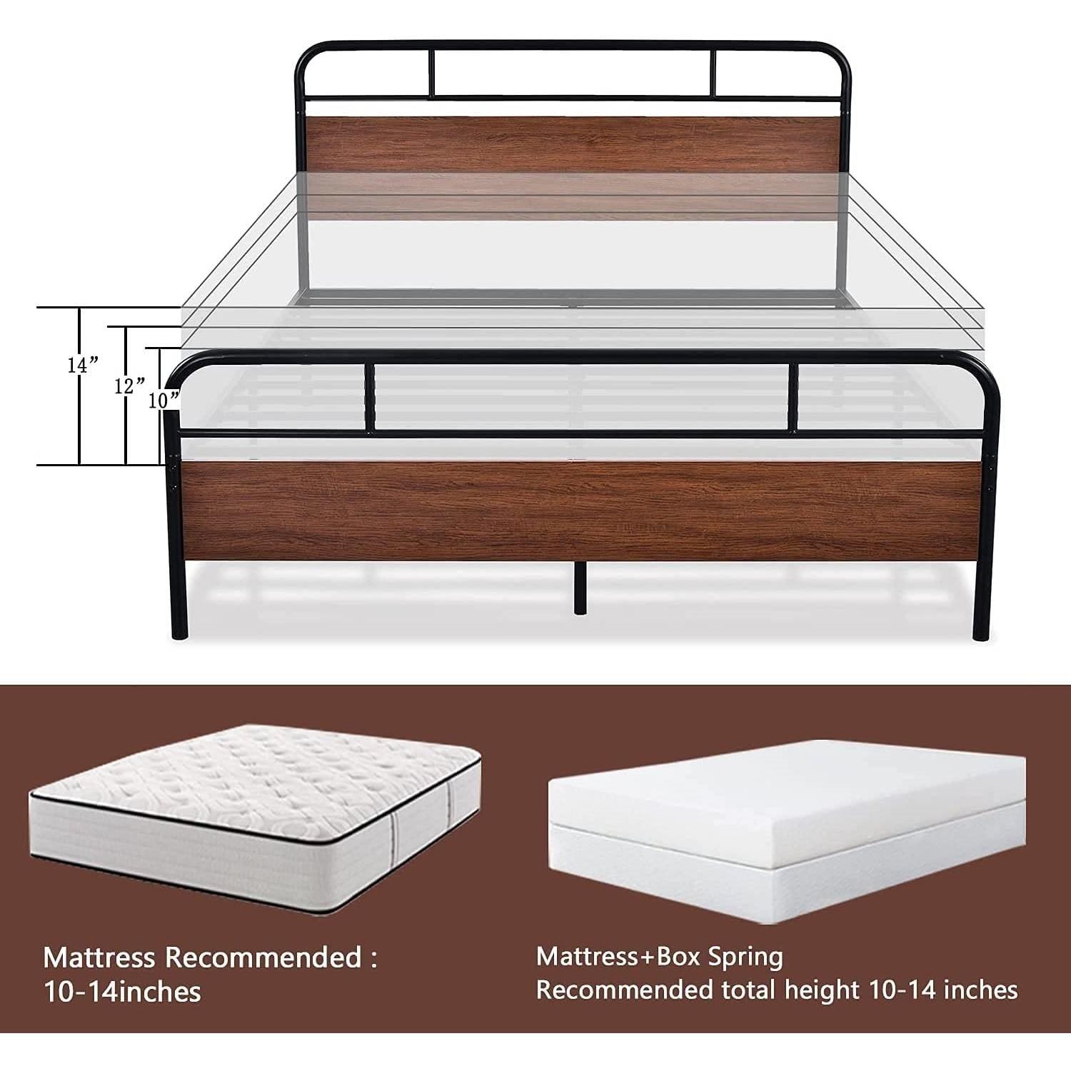 Queen Size Industrial Metal Wood Platform Bed Frame with Headboard and Footboard - PRHOMZ
