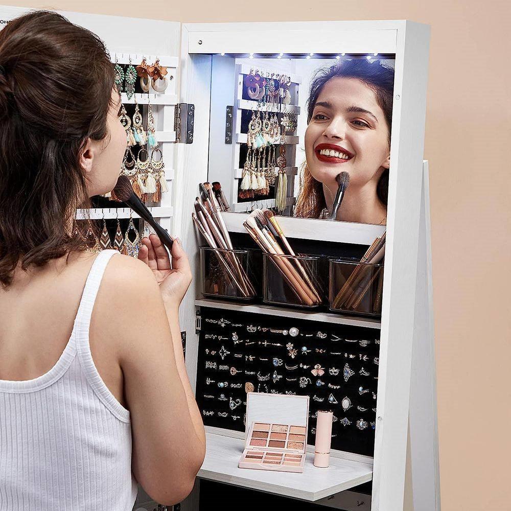 White Jewelry Cabinet Armoire Organizer Freestanding Rotating Mirror - PRHOMZ