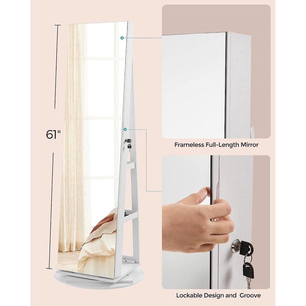 White Jewelry Cabinet Armoire Organizer Freestanding Rotating Mirror - PRHOMZ