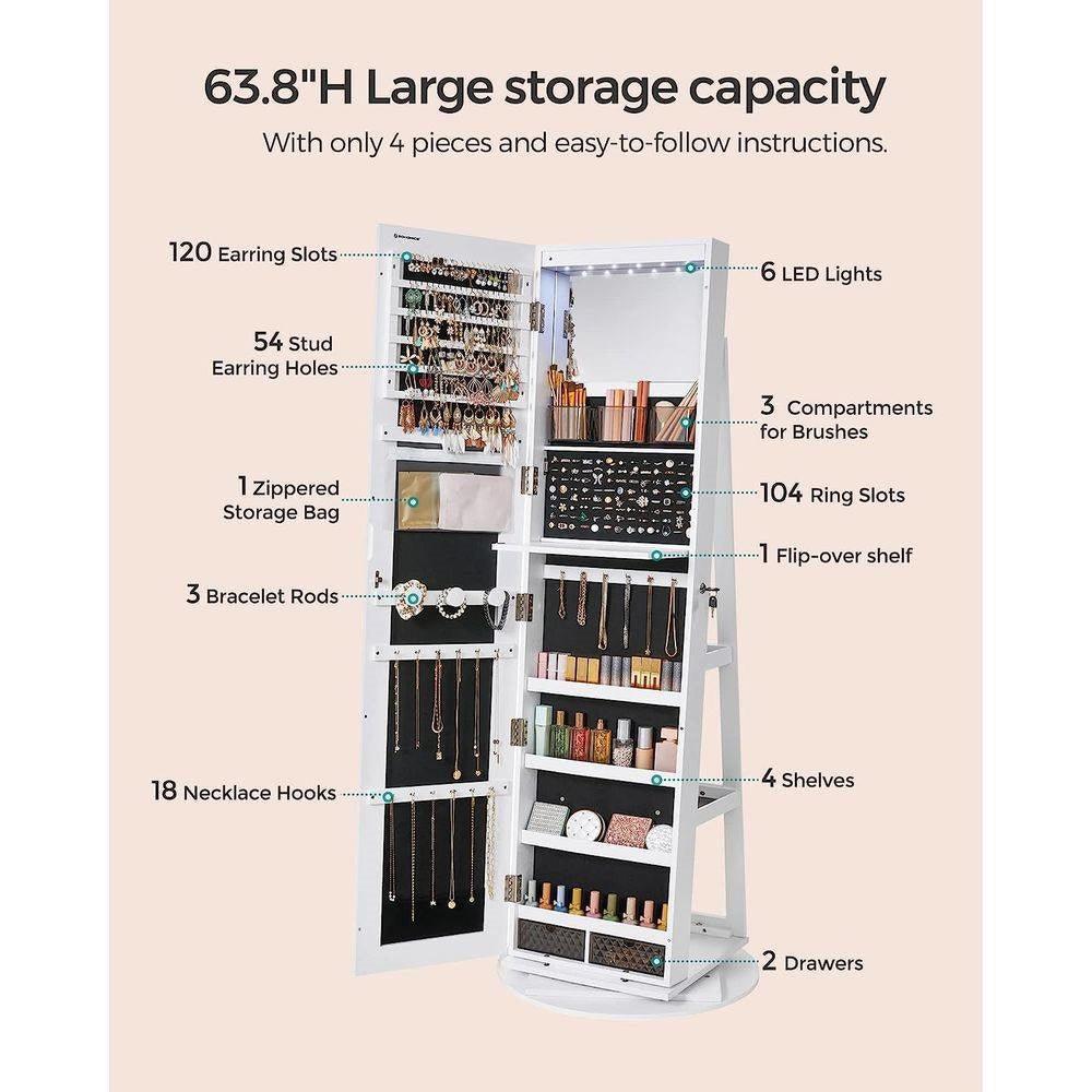 White Jewelry Cabinet Armoire Organizer Freestanding Rotating Mirror - PRHOMZ