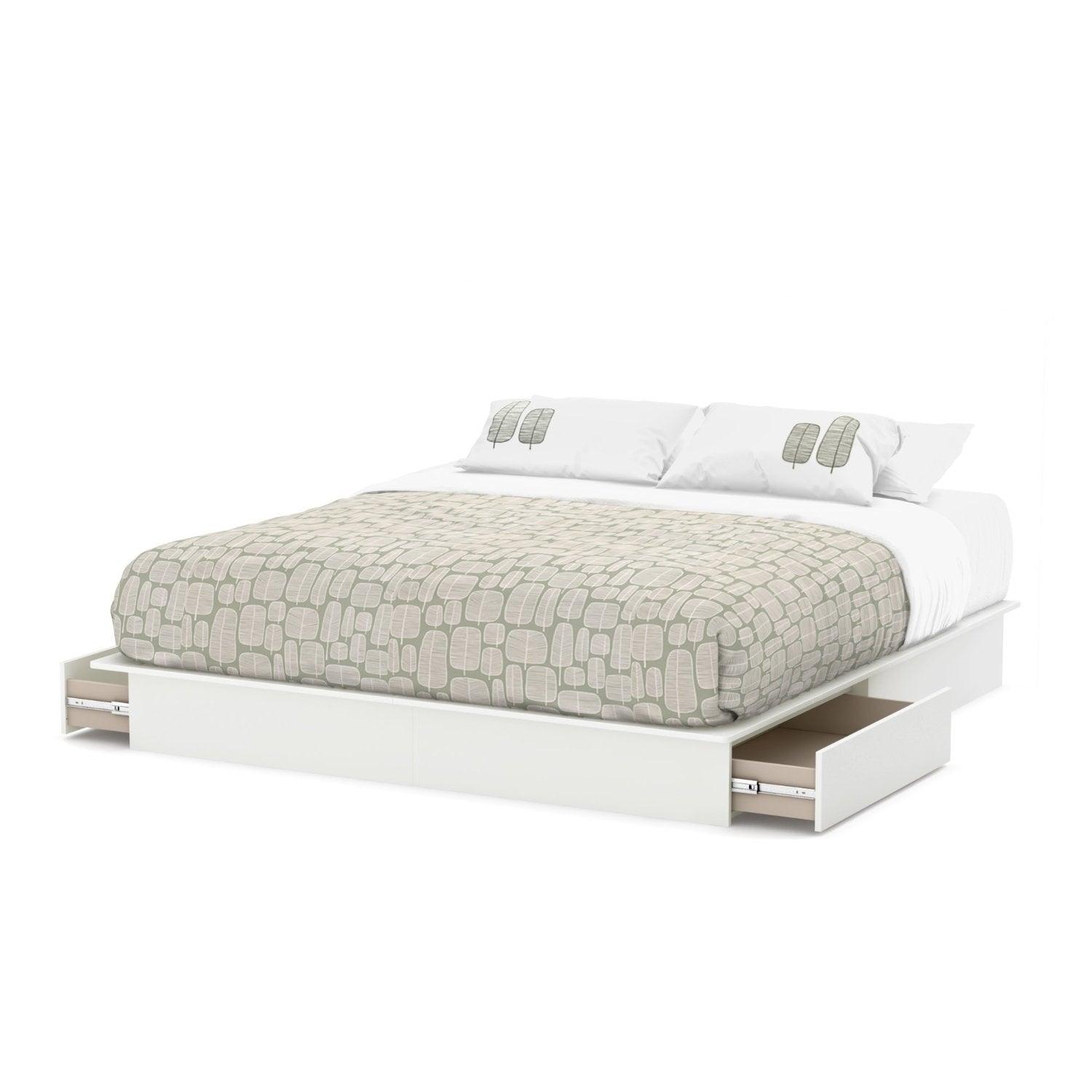 King size Modern Platform Bed with Storage Drawers in White Finish - PRHOMZ