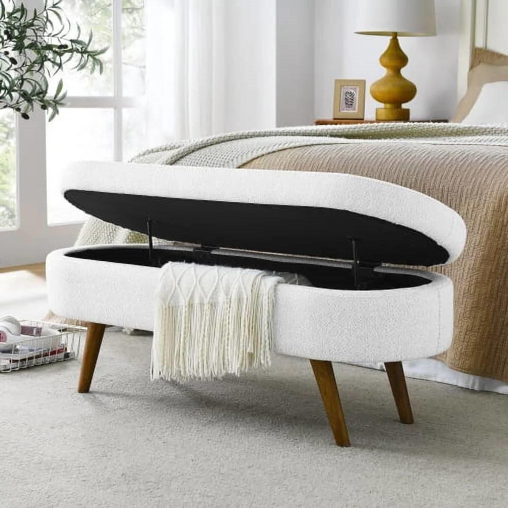 Mid-Century Modern Boho Style White Linen End of Bed Storage Bench - PRHOMZ