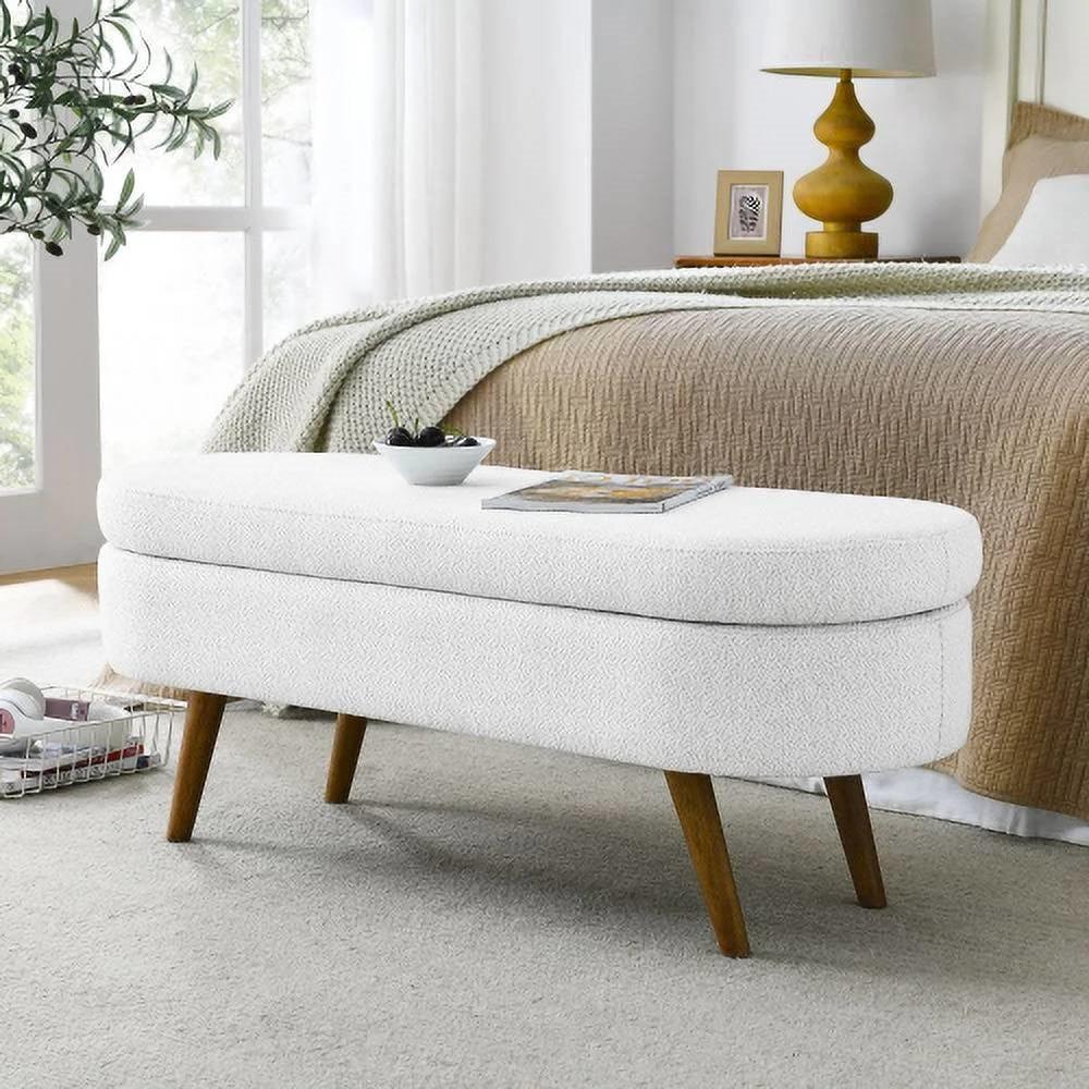 Mid-Century Modern Boho Style White Linen End of Bed Storage Bench - PRHOMZ