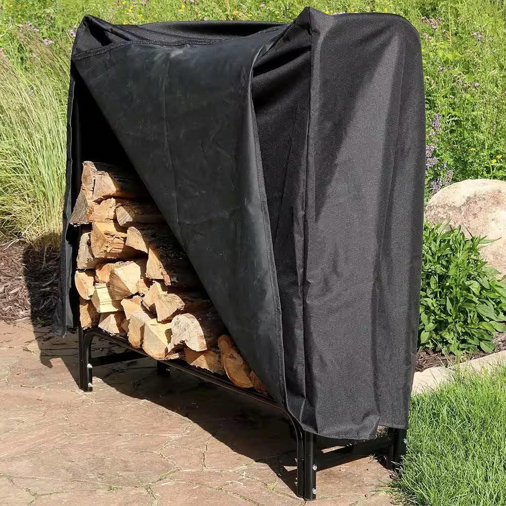Indoor/Outdoor 4-Ft. Black Metal Firewood Rack with Cover - PRHOMZ