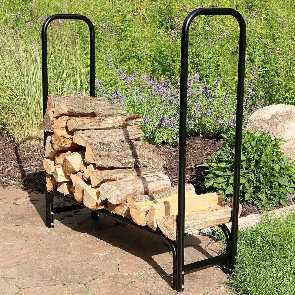 Indoor/Outdoor 4-Ft. Black Metal Firewood Rack with Cover - PRHOMZ