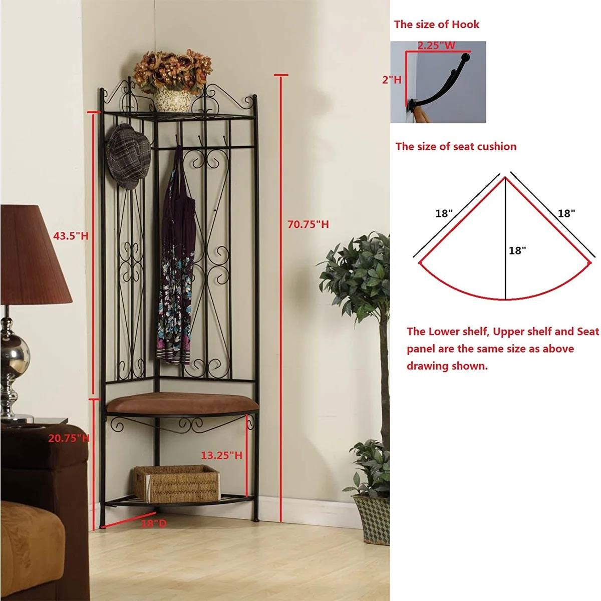 Black Metal Scrolling Corner Hall Tree Coat Rack Storage Bench-4