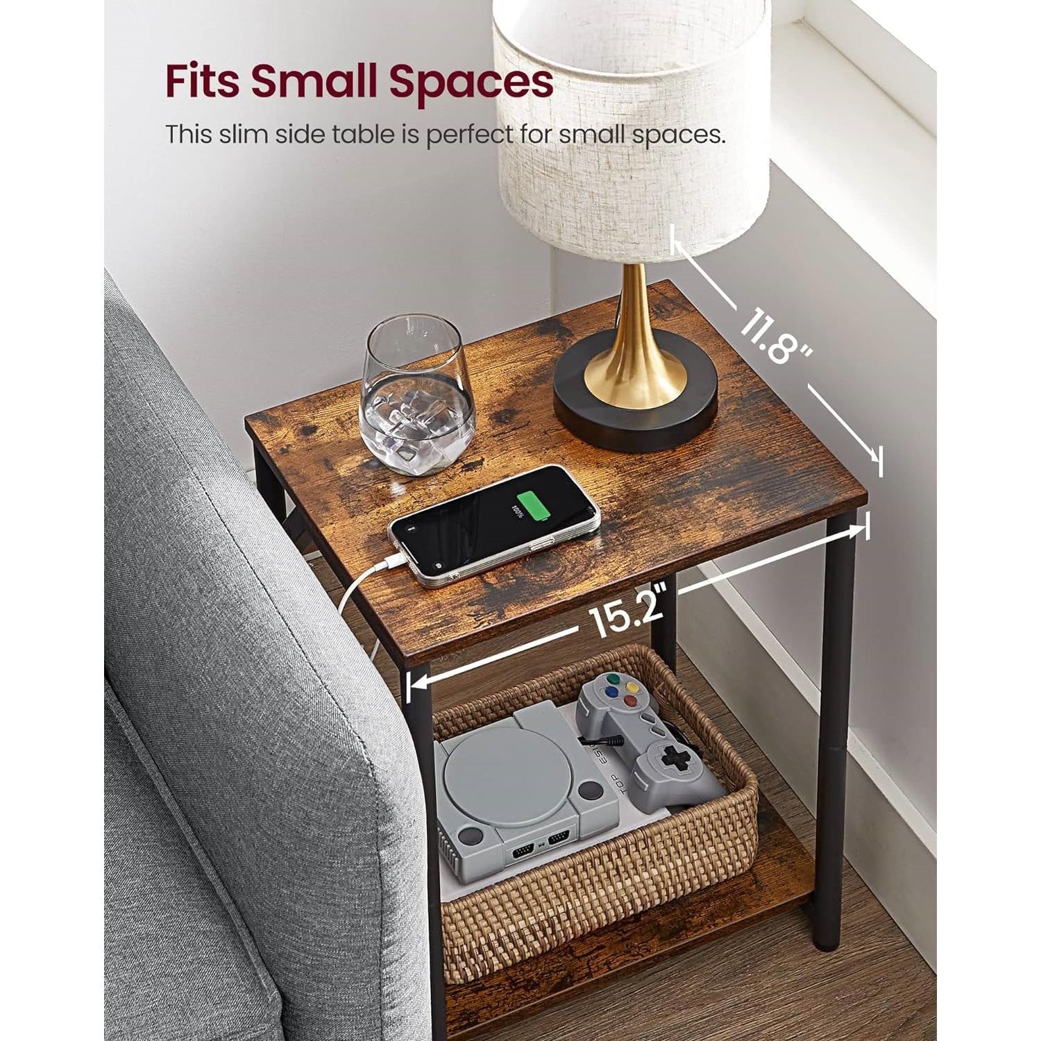 Set of 2 - Nightstand End Tables Charging Station with 2 USB ports-3