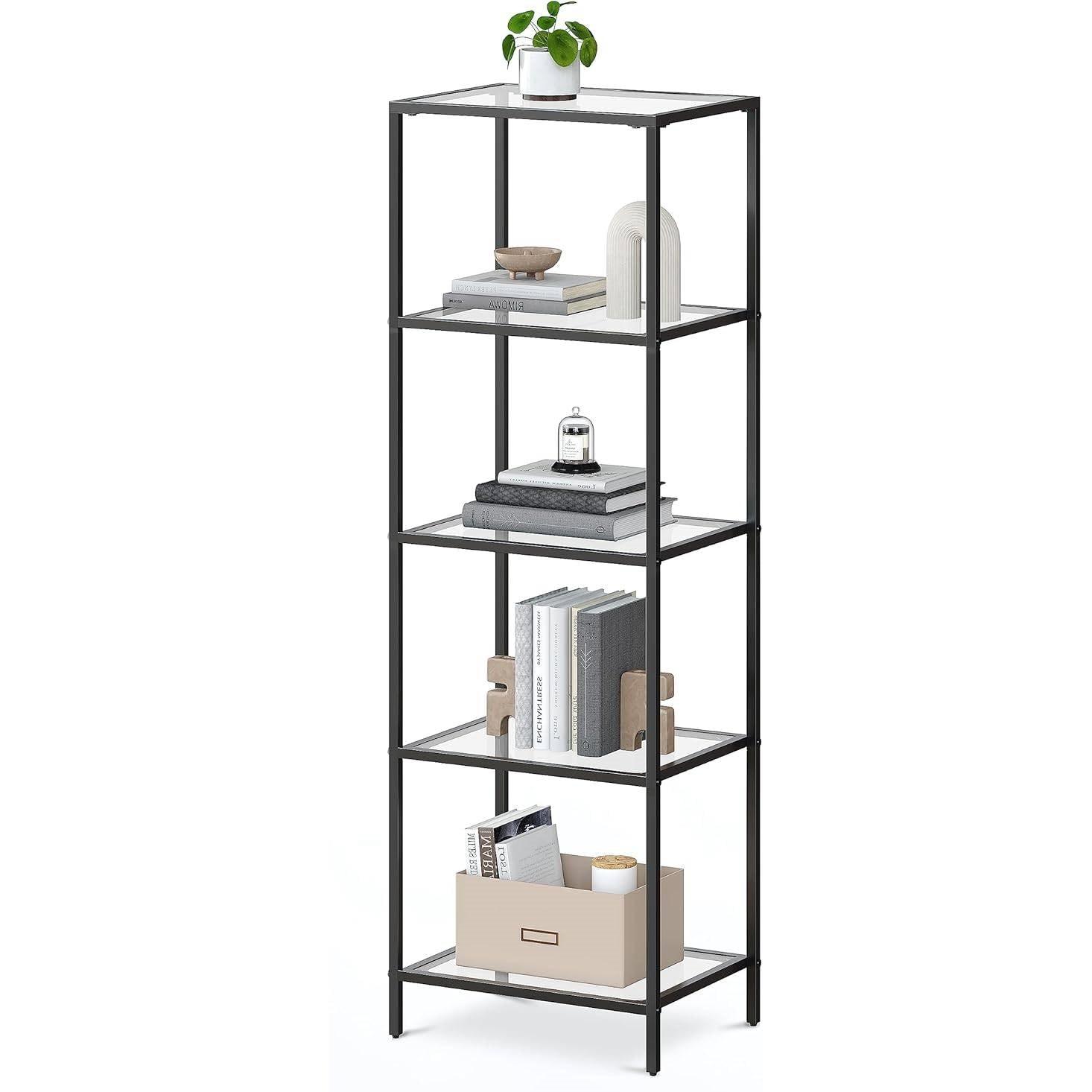 Black Metal Frame Glass Shelf Bookcase 4-Shelves Shelving Unit - PRHOMZ