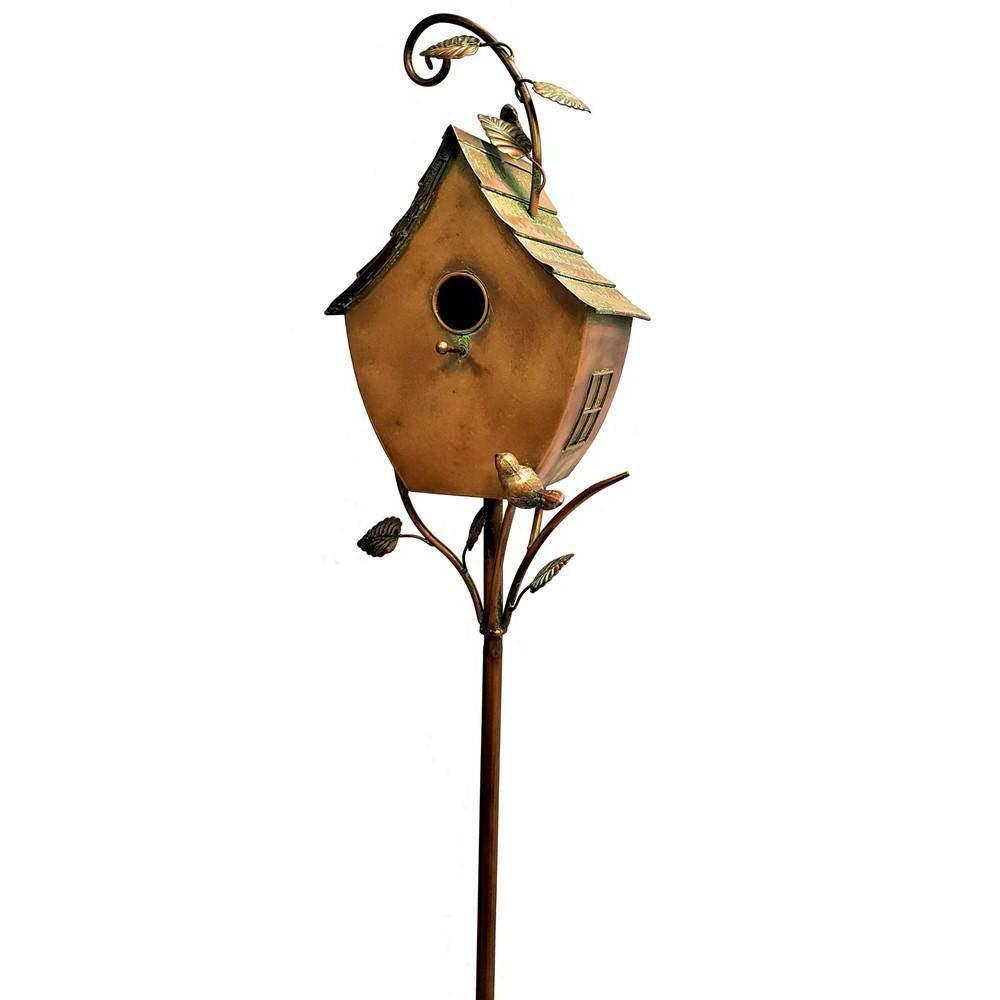 Outdoor Powder Coated Iron Birdhouse with 3-Prong Garden Stake in Copper Finish - PRHOMZ