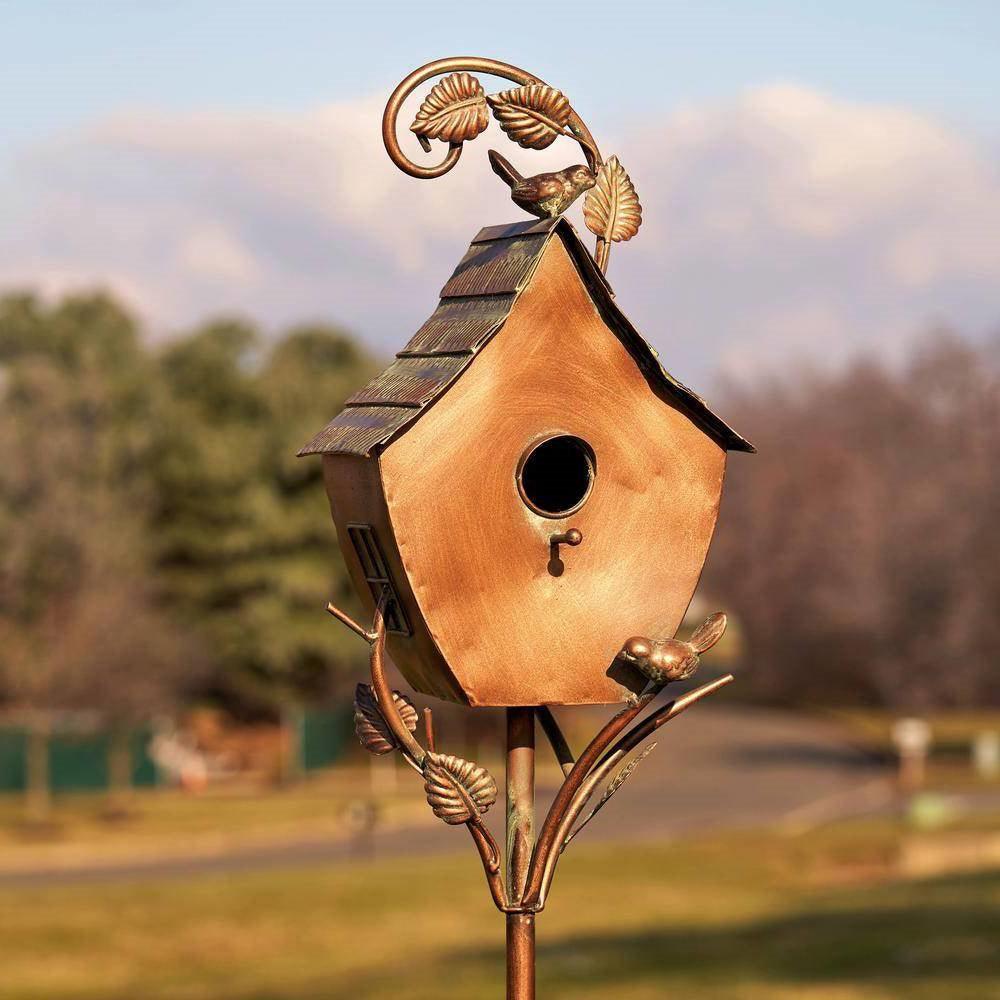 Outdoor Powder Coated Iron Birdhouse with 3-Prong Garden Stake in Copper Finish - PRHOMZ
