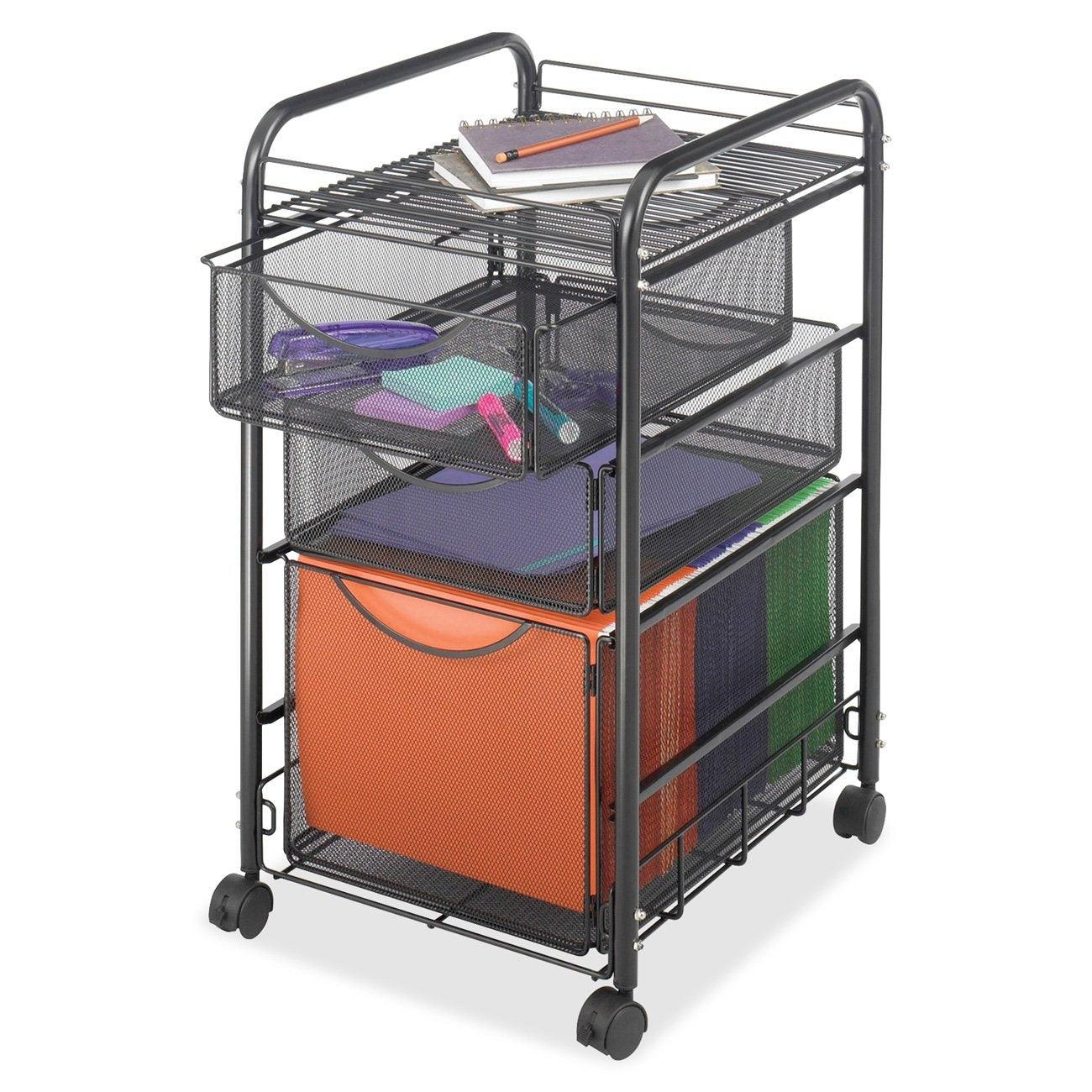 Black Metal Steel Mesh Mobile Filing Cabinet Cart with 2 Drawers and Wheels - PRHOMZ