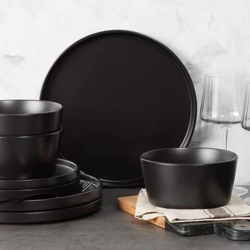 16-Piece Stoneware Dinnerware Set in Matte Black - Service for 4 - PRHOMZ