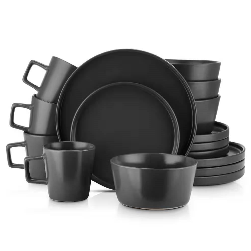 16-Piece Stoneware Dinnerware Set in Matte Black - Service for 4 - PRHOMZ