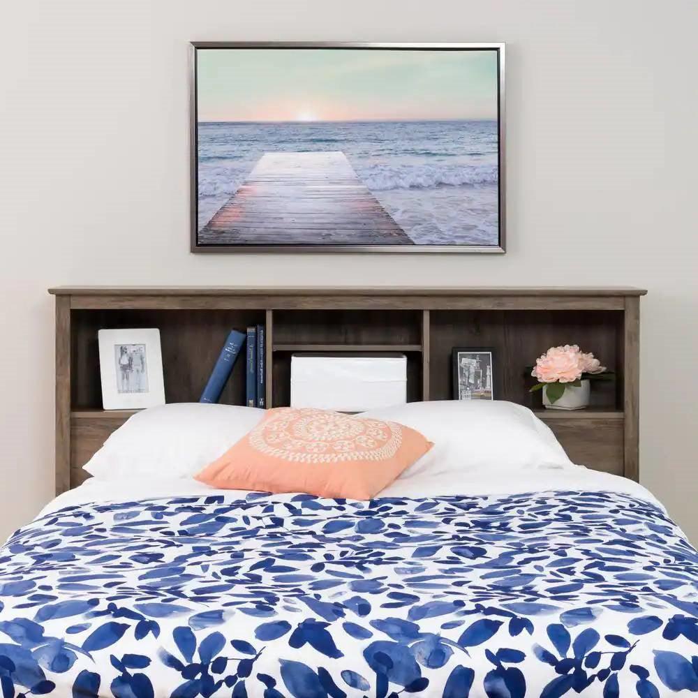 Full / Queen size Freestanding Bookcase Headboard in Grey Brown Wood Finish - PRHOMZ