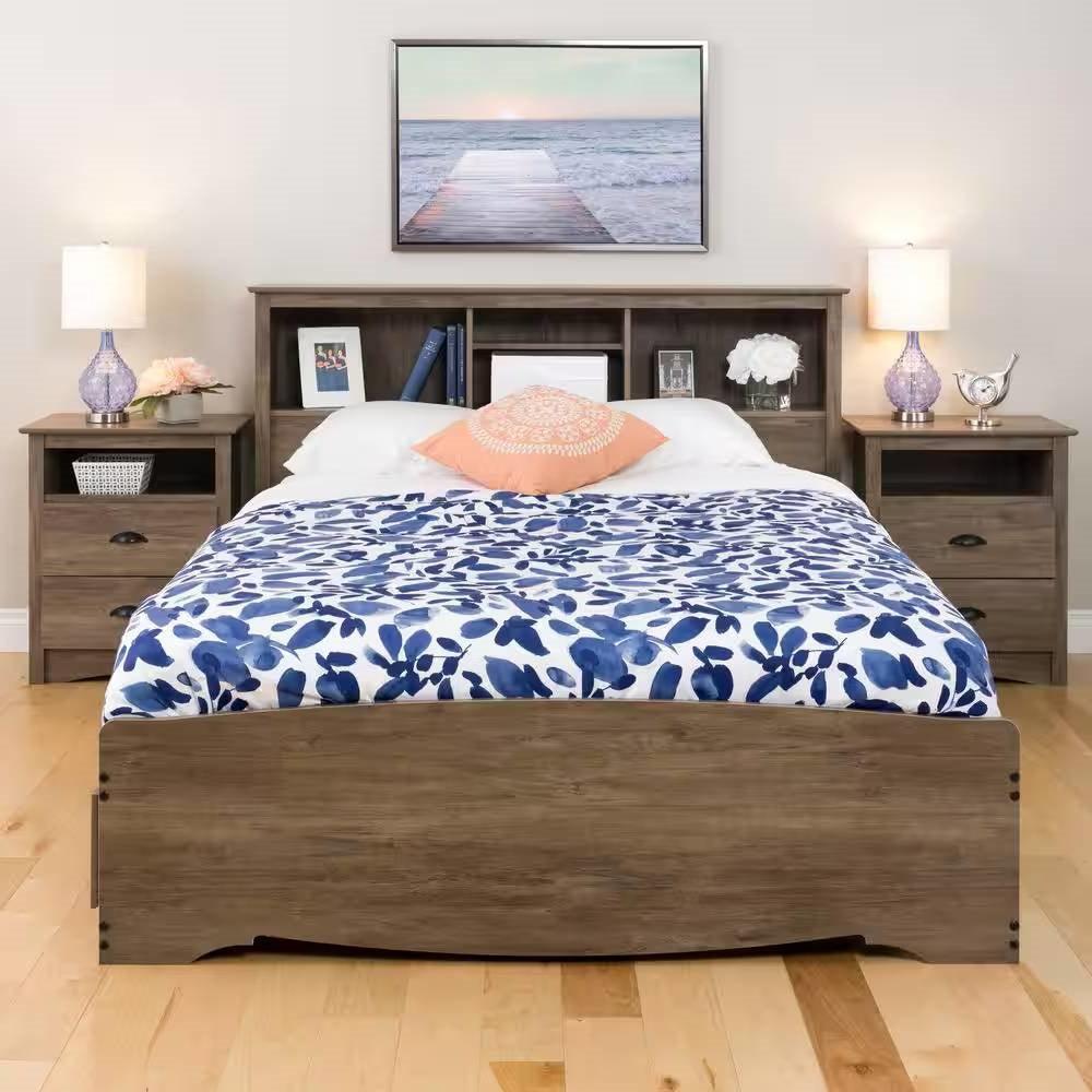 Full / Queen size Freestanding Bookcase Headboard in Grey Brown Wood Finish - PRHOMZ