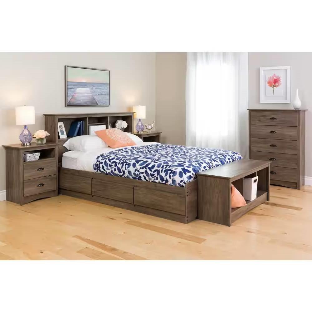 Full / Queen size Freestanding Bookcase Headboard in Grey Brown Wood Finish - PRHOMZ