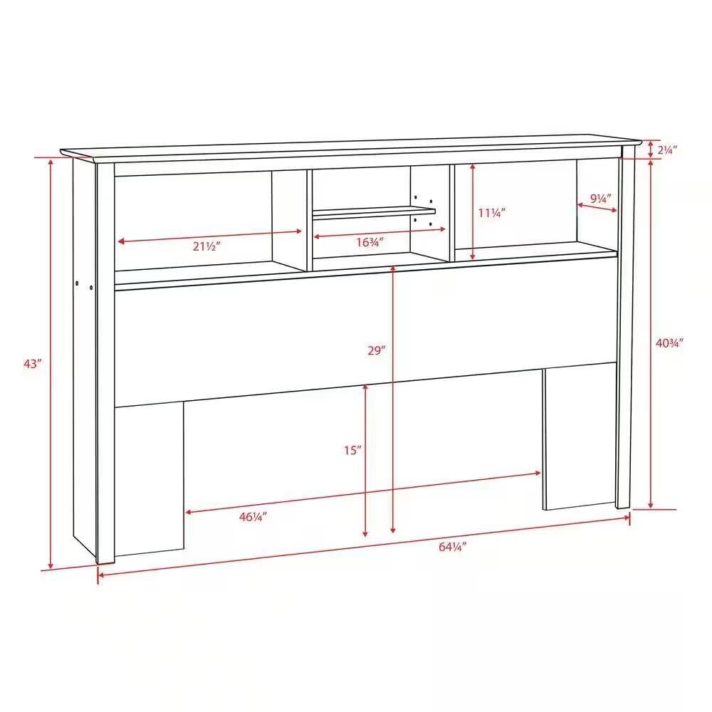 Full / Queen size Freestanding Bookcase Headboard in Grey Brown Wood Finish - PRHOMZ