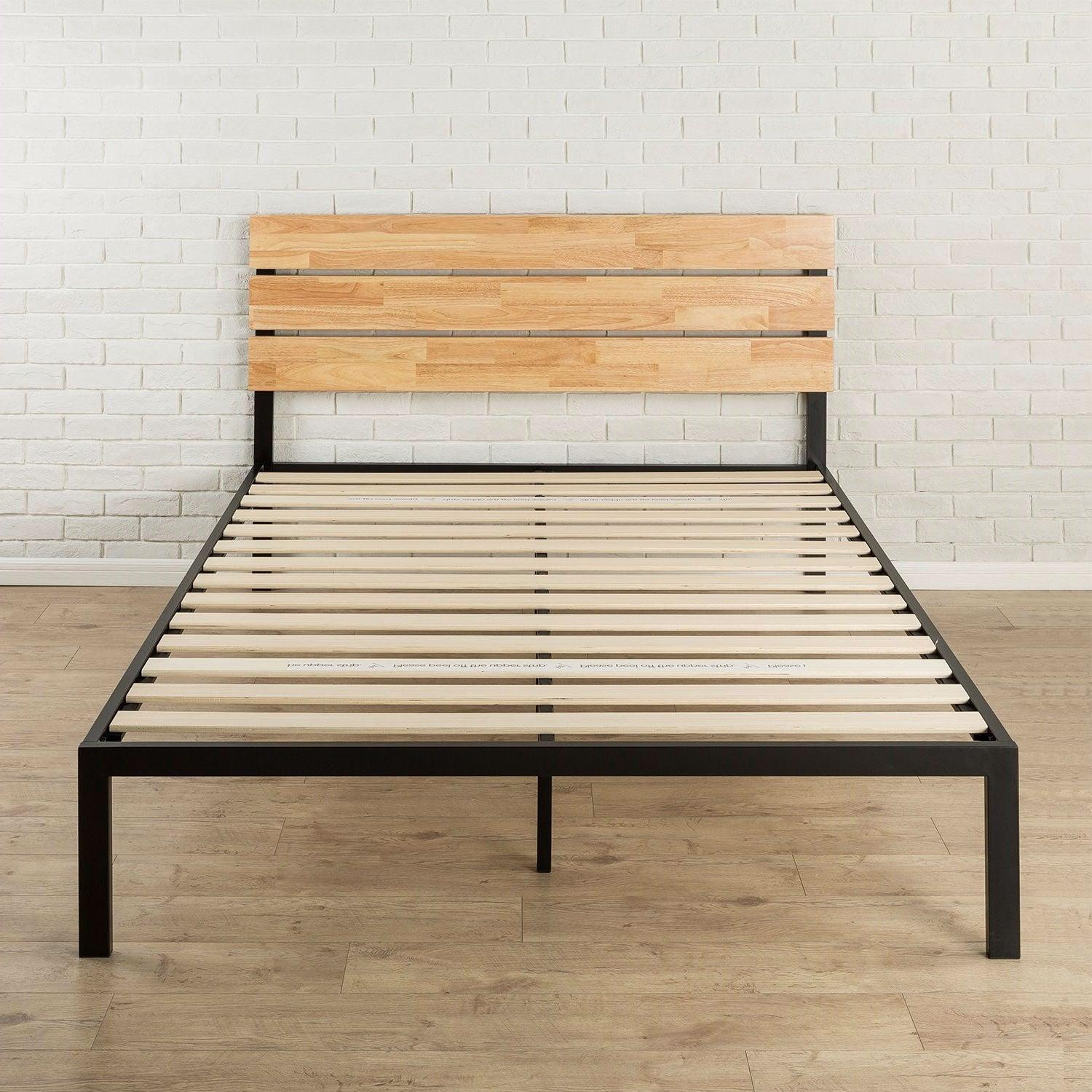 King size Modern Metal Platform Bed Frame with Wood Headboard and Slats - PRHOMZ
