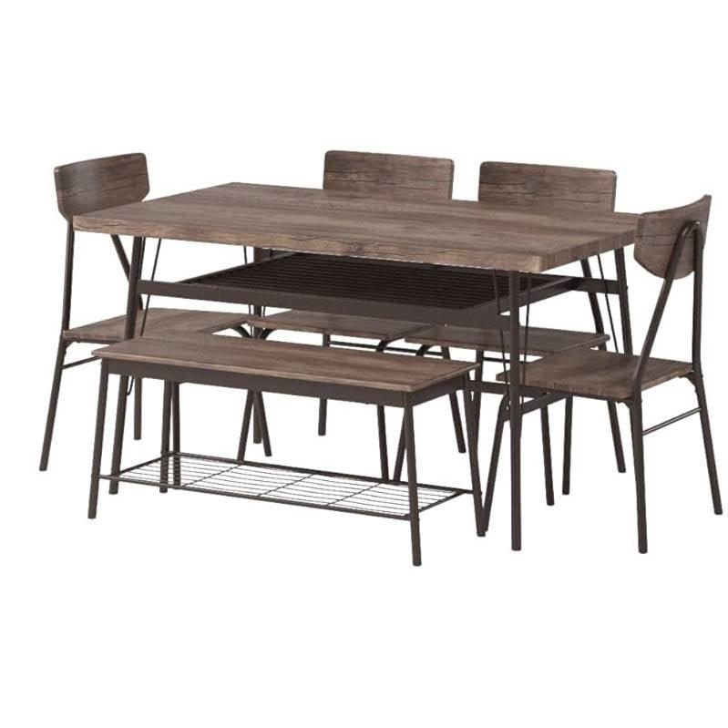 Modern 6-Piece Dining Set with Brown Wood Top Table 4 Chairs and Storage Bench - PRHOMZ