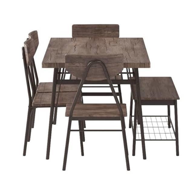 Modern 6-Piece Dining Set with Brown Wood Top Table 4 Chairs and Storage Bench - PRHOMZ