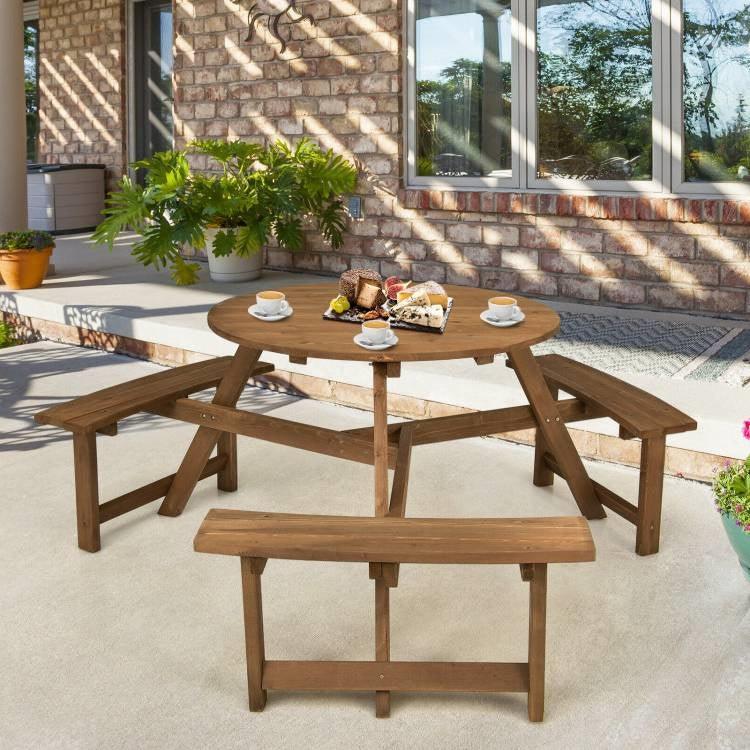 Outdoor Solid Wood Round Picnic Table Set with Umbrella Hole and 3 Benches - PRHOMZ