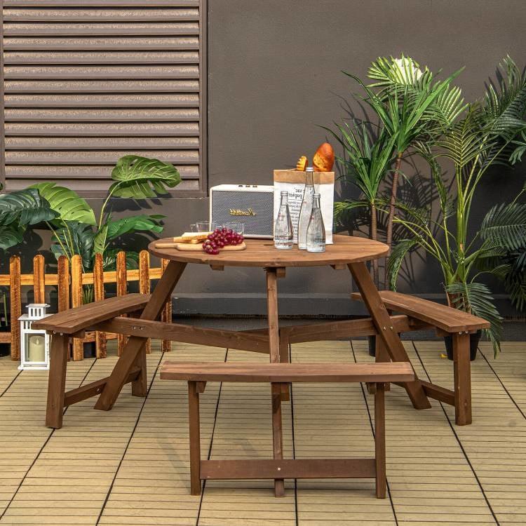 Outdoor Solid Wood Round Picnic Table Set with Umbrella Hole and 3 Benches - PRHOMZ