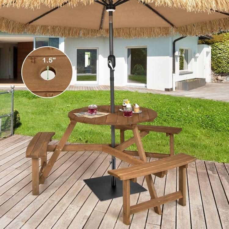 Outdoor Solid Wood Round Picnic Table Set with Umbrella Hole and 3 Benches - PRHOMZ