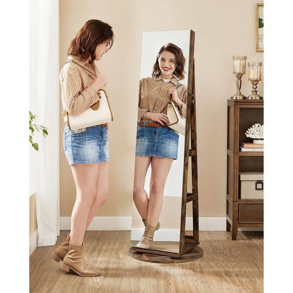 Rustic Brown Wood Jewelry Cabinet Armoire Organizer Freestanding Rotating Mirror - PRHOMZ