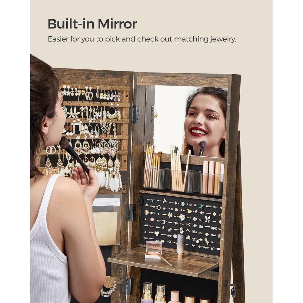 Rustic Brown Wood Jewelry Cabinet Armoire Organizer Freestanding Rotating Mirror - PRHOMZ