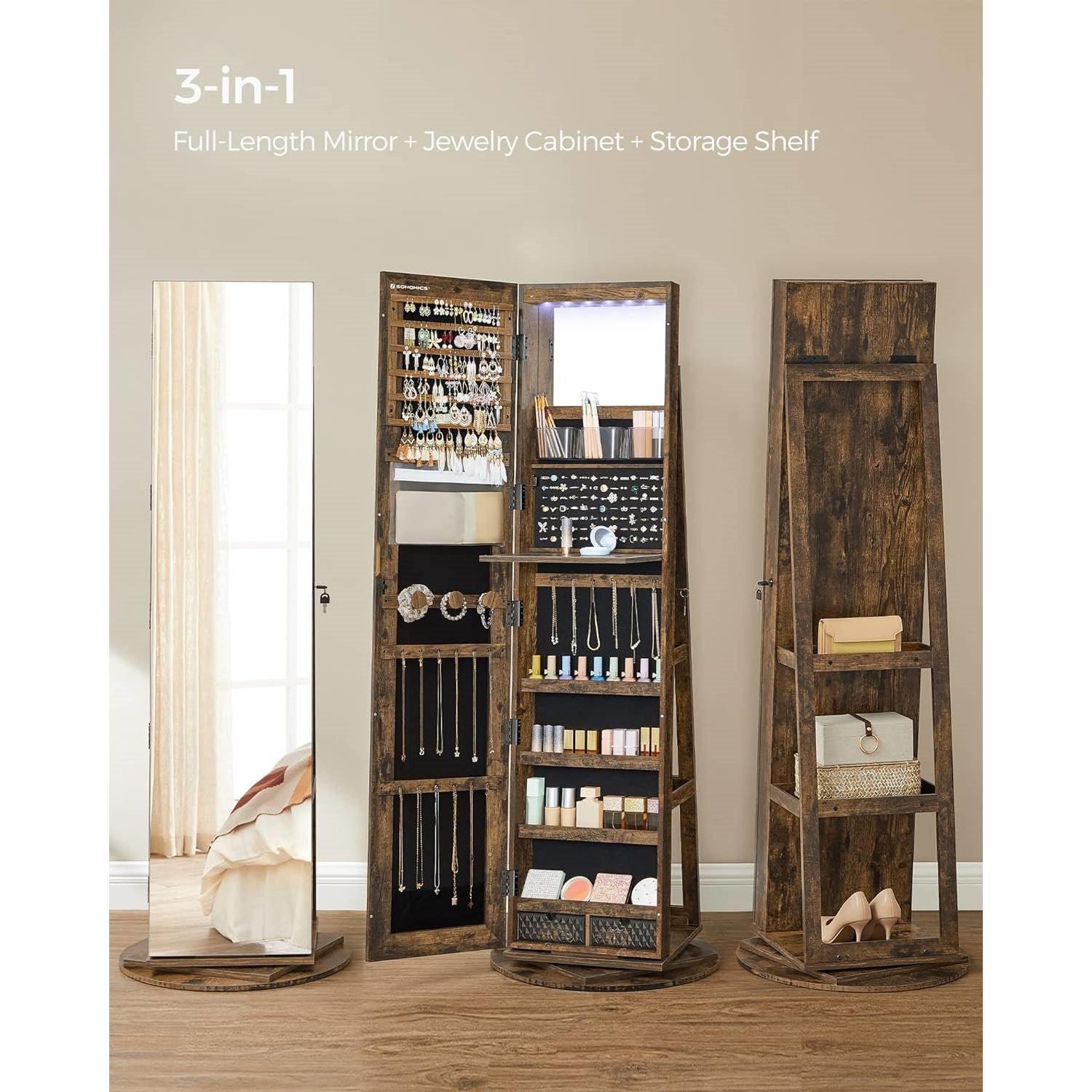 Rustic Brown Wood Jewelry Cabinet Armoire Organizer Freestanding Rotating Mirror - PRHOMZ