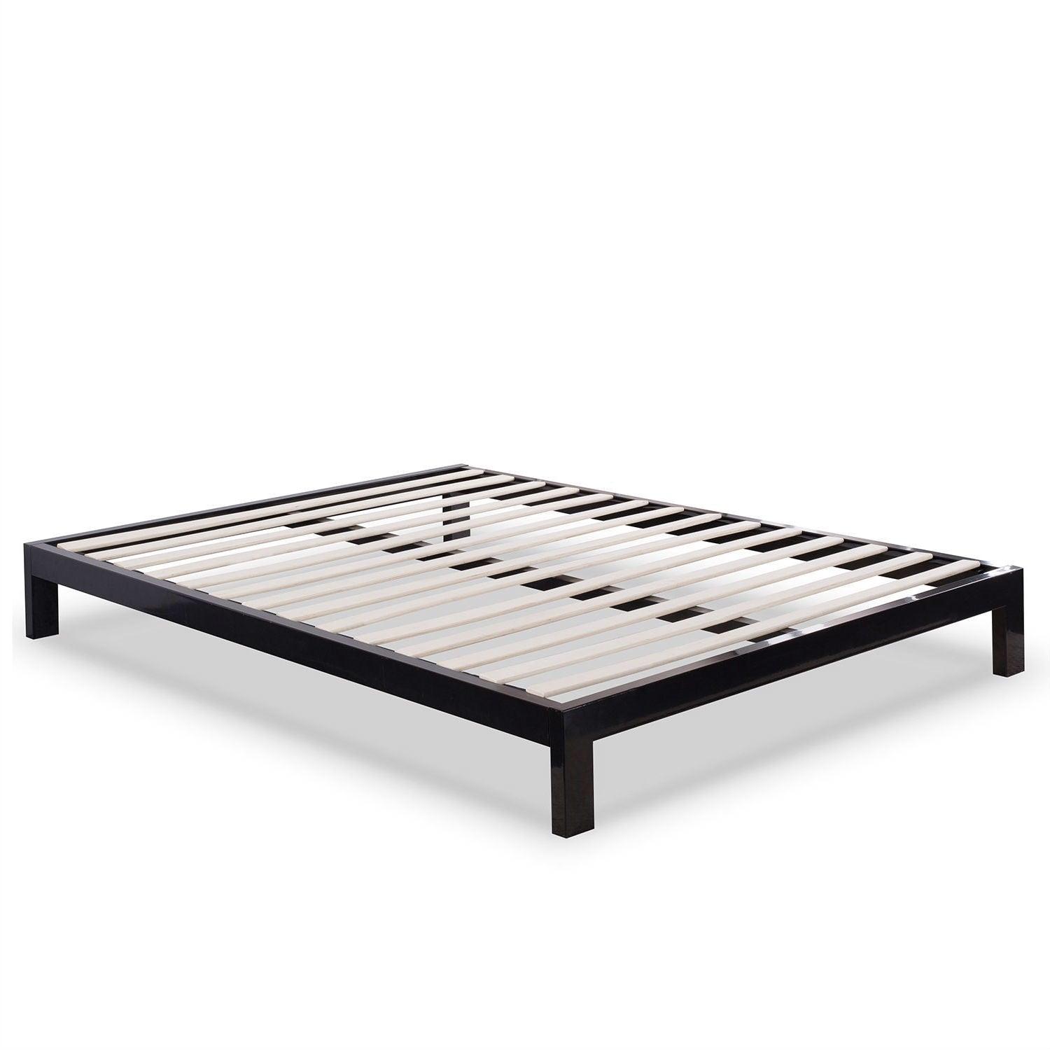 King size Modern Black Metal Platform Bed Frame with Wood Slats - PRHOMZ