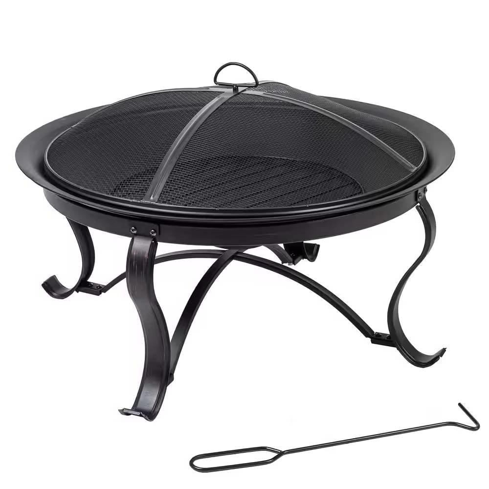 30-inch Round Steel Outdoor Fire Pit with Mesh Cover and Poker in Bronze - PRHOMZ