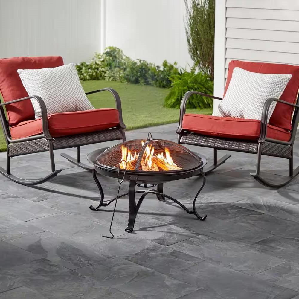 30-inch Round Steel Outdoor Fire Pit with Mesh Cover and Poker in Bronze - PRHOMZ