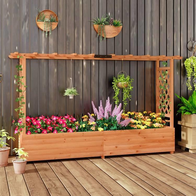 Solid Fir Wood Rectangle Raised Garden Bed with Side Trellis - PRHOMZ